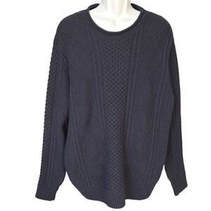 Nordstrom Lambswool Fisherman Sweater Sz XL Navy Blue Cable Knit‎ Aran